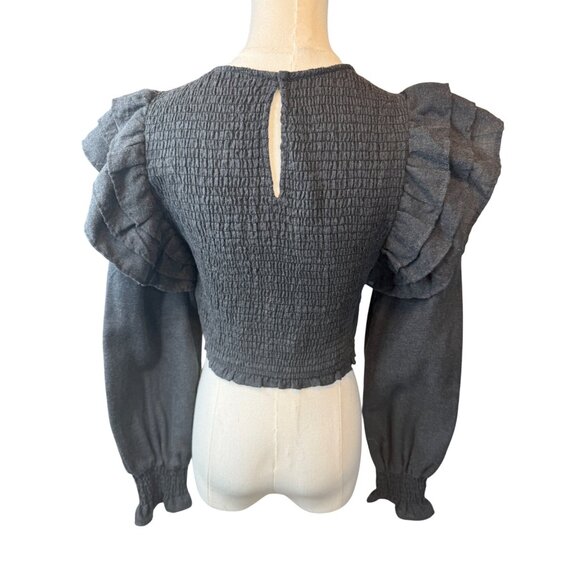 2/$30 Zara Gray Smocked Top Small, Ruffle Sleeves, Polyester Cotton Blend - Picture 6 of 13